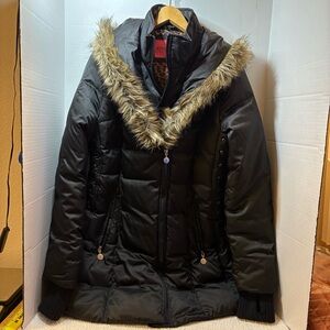 Betsey Johnson Black Puffer Coat with Fur Trim